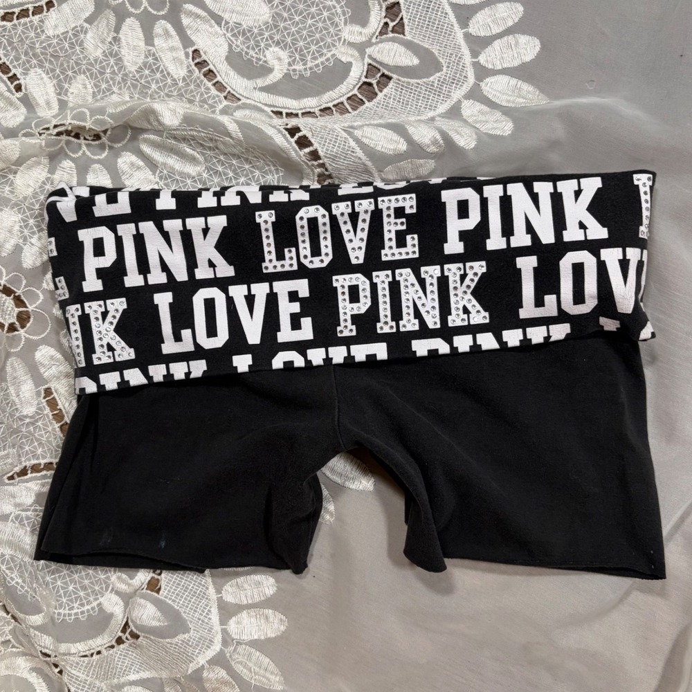 Y2K VS PINK Foldover Waistband Yoga Shorts Black Rhinestone Small